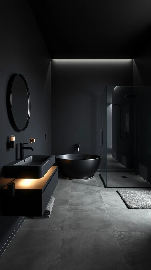 Modern dark minimalist bathroom with black walls, freestanding tub, and illuminated vanity.
