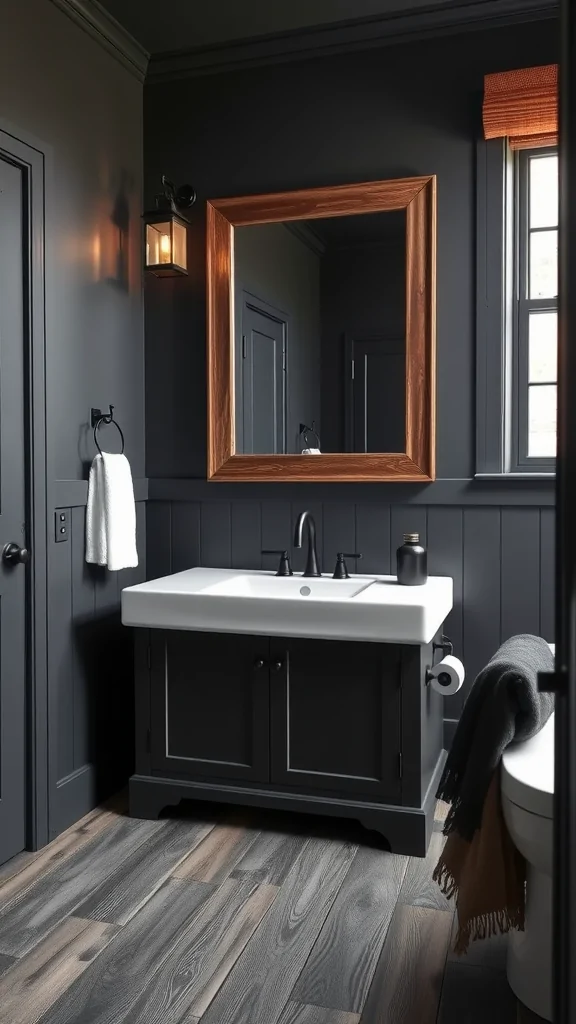 A dark modern farmhouse bathroom featuring dark walls, a stylish vanity with a white sink, wooden accents, and cozy decor.