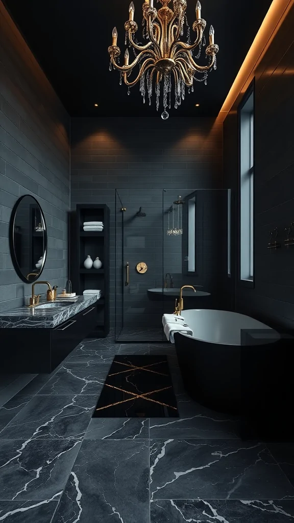 A luxurious dark bathroom featuring a chandelier, marble accents, and modern fixtures.