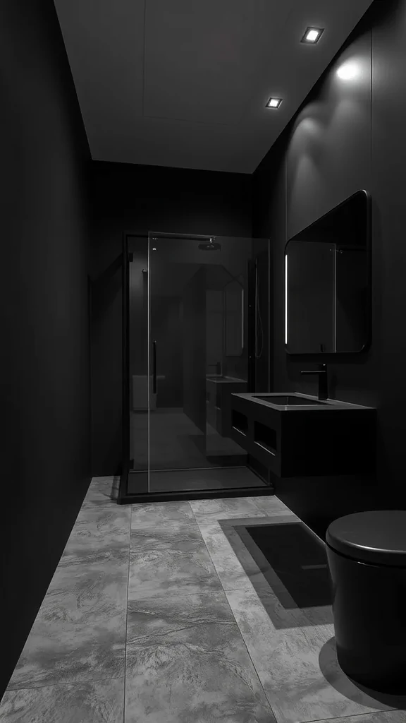 A modern dark monochrome bathroom featuring black walls, a sleek glass shower, a dark toilet, and stylish lighting.