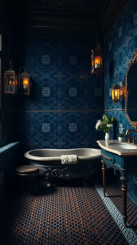 A dark Moroccan-inspired bathroom featuring intricate blue patterned walls, a luxurious bathtub, elegant lantern lighting, and a vintage sink.