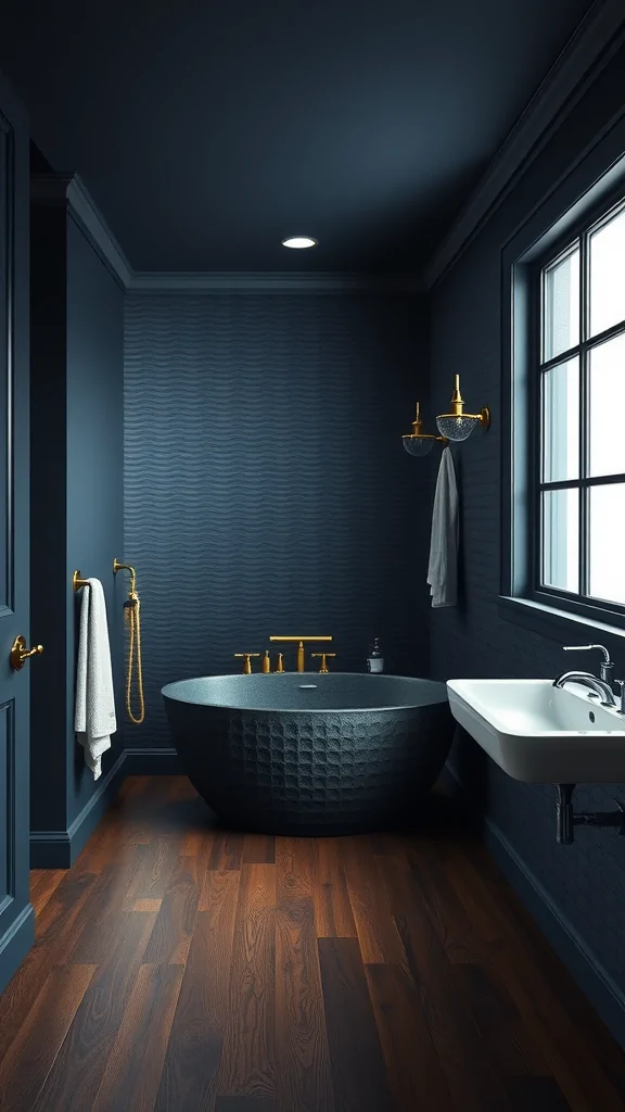 A dark nautical-inspired bathroom featuring a textured bathtub, gold fixtures, and wooden flooring.