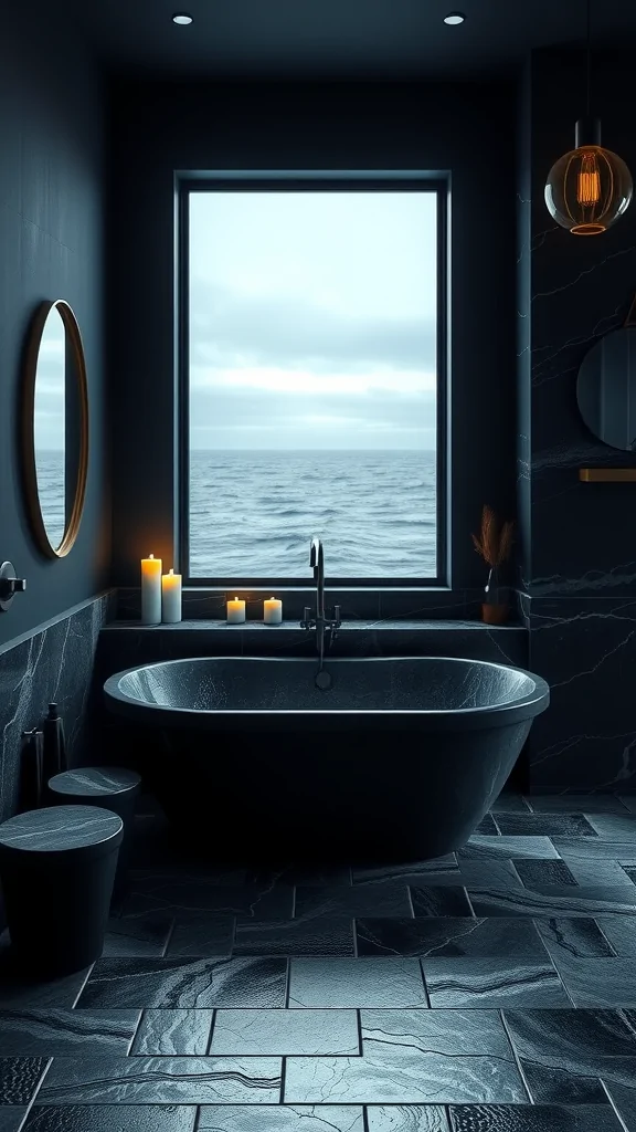 A dark-themed bathroom featuring a modern freestanding bathtub, candles, and a large window with a sea view.