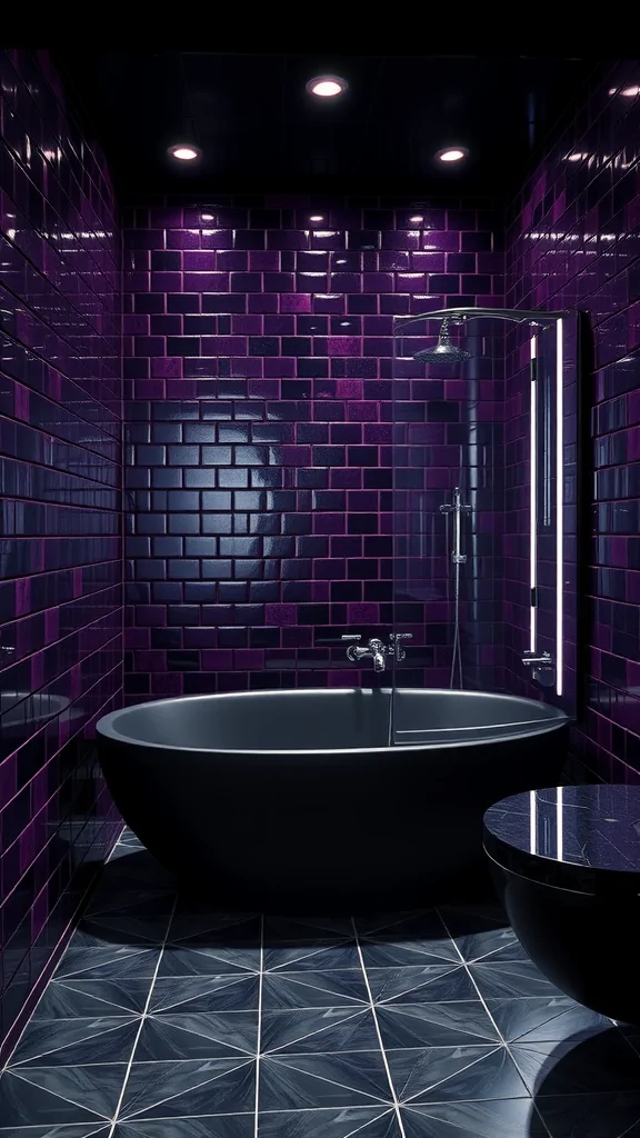 A dark retro futuristic bathroom featuring glossy purple tiles, a black bathtub, and geometric patterned flooring.