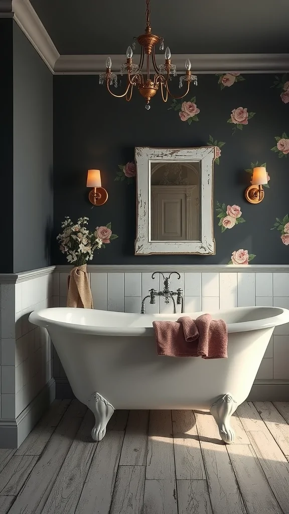 A dark shabby chic bathroom featuring a freestanding bathtub, floral wallpaper, and vintage lighting.