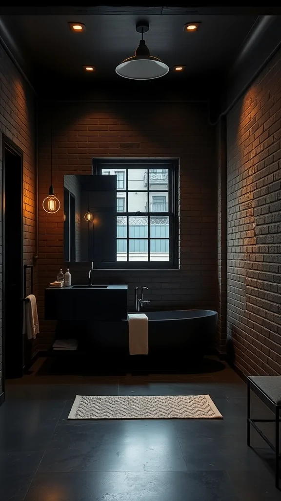 A dark urban loft bathroom featuring brick walls, a black bathtub, and warm lighting.
