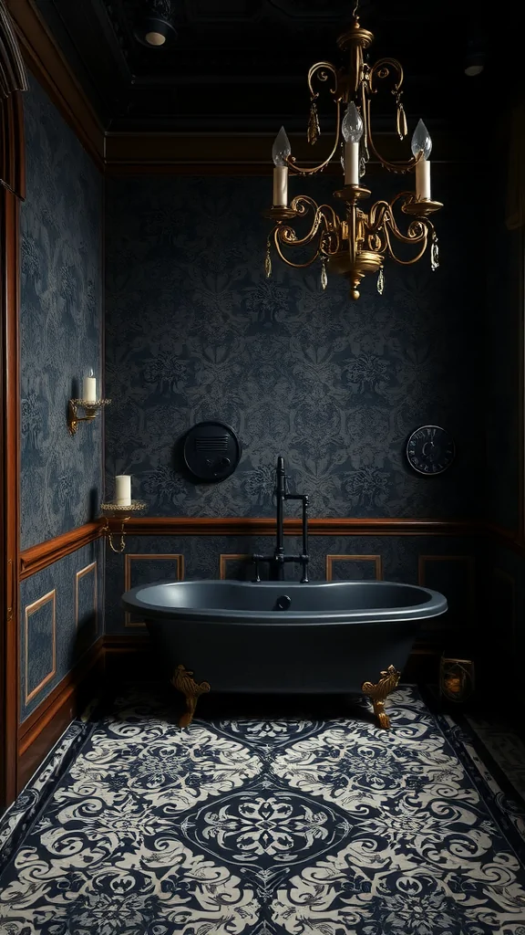 A dark Victorian steam room bathroom featuring a black clawfoot tub, intricate patterned walls, and a golden chandelier.