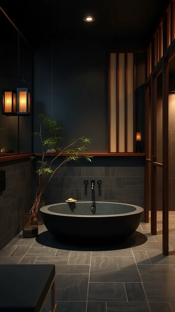 A dark zen Japanese bathroom featuring a black bathtub, slate flooring, and wooden accents.
