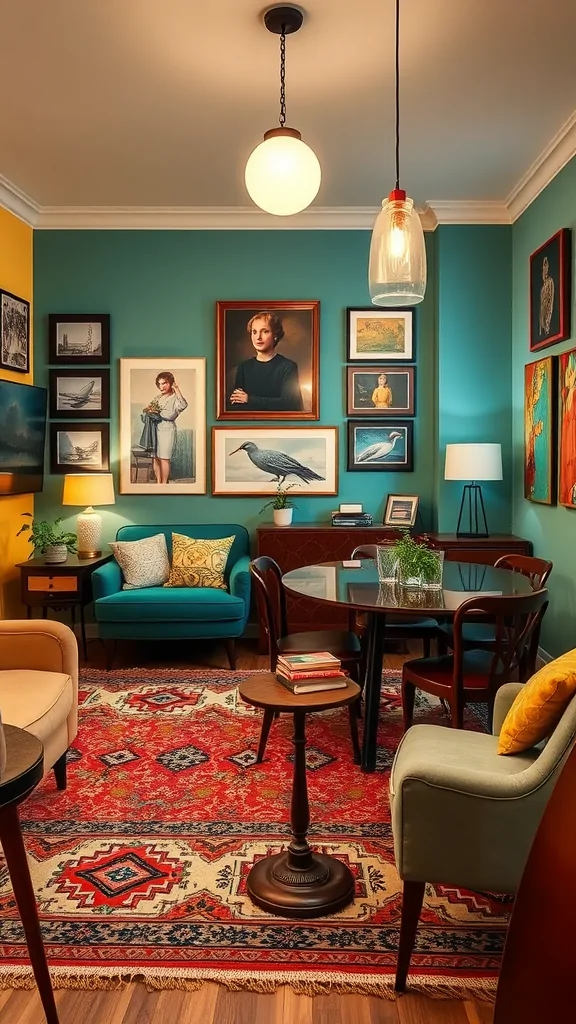 A cozy small living room and dining room combo featuring eclectic decor, bright colors, and a vibrant rug.