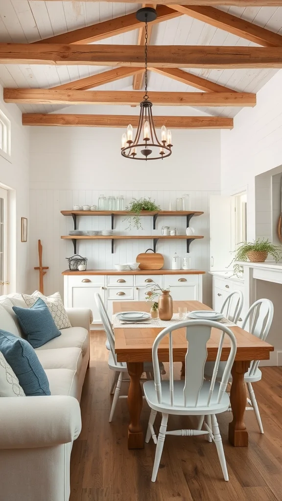 A cozy small living room and dining room combo featuring wooden beams, a light chandelier, a wooden dining table, and comfortable seating.