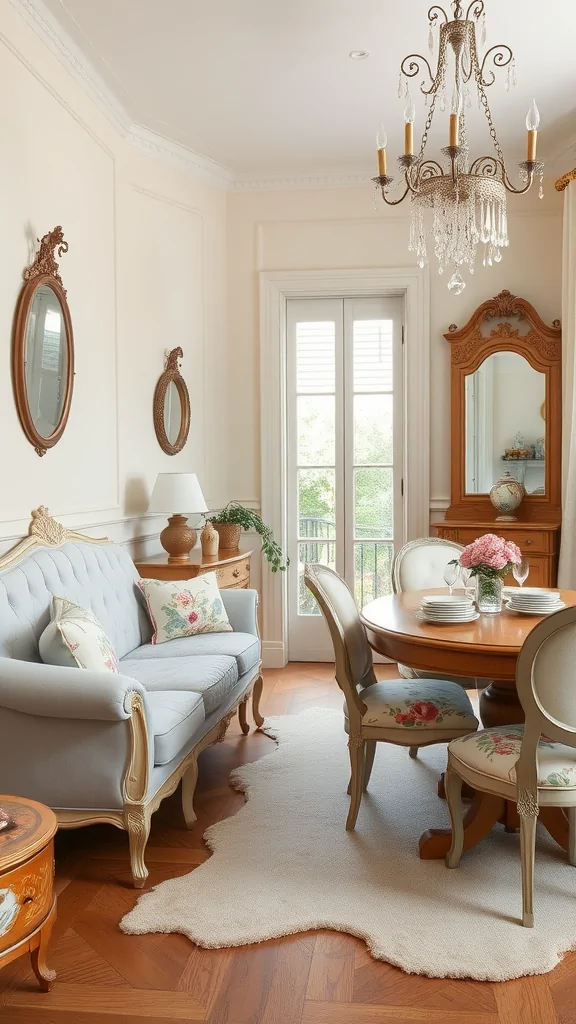 Cozy small living room with a blue vintage sofa and a round dining table in a French Provincial style.