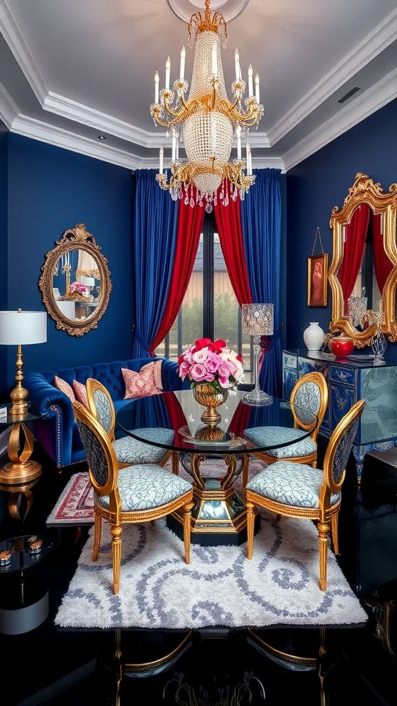 Stylish small living room and dining area with glamorous Hollywood Regency decor.