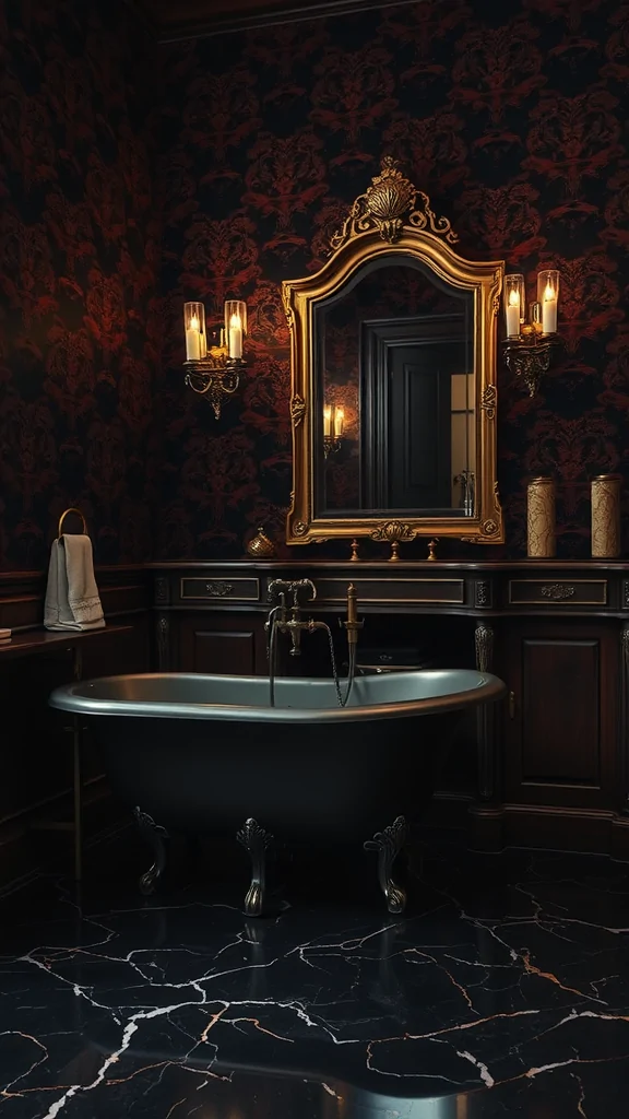 A Gothic Victorian bathroom featuring dark wallpaper, a black freestanding bathtub, ornate gold accents, and marble flooring.