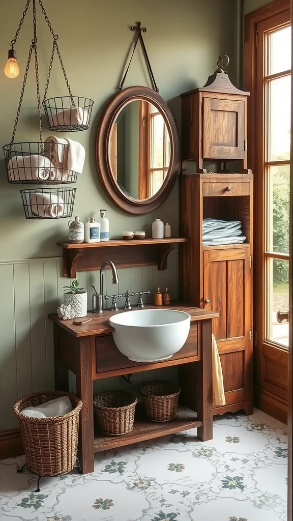 A vintage rustic bathroom featuring hanging wire baskets, a wooden sink, and warm earthy tones.