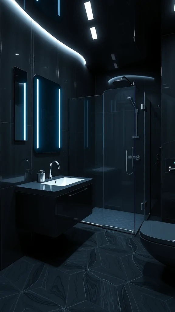 A modern dark bathroom featuring sleek black surfaces, LED lighting, and a glass shower enclosure.