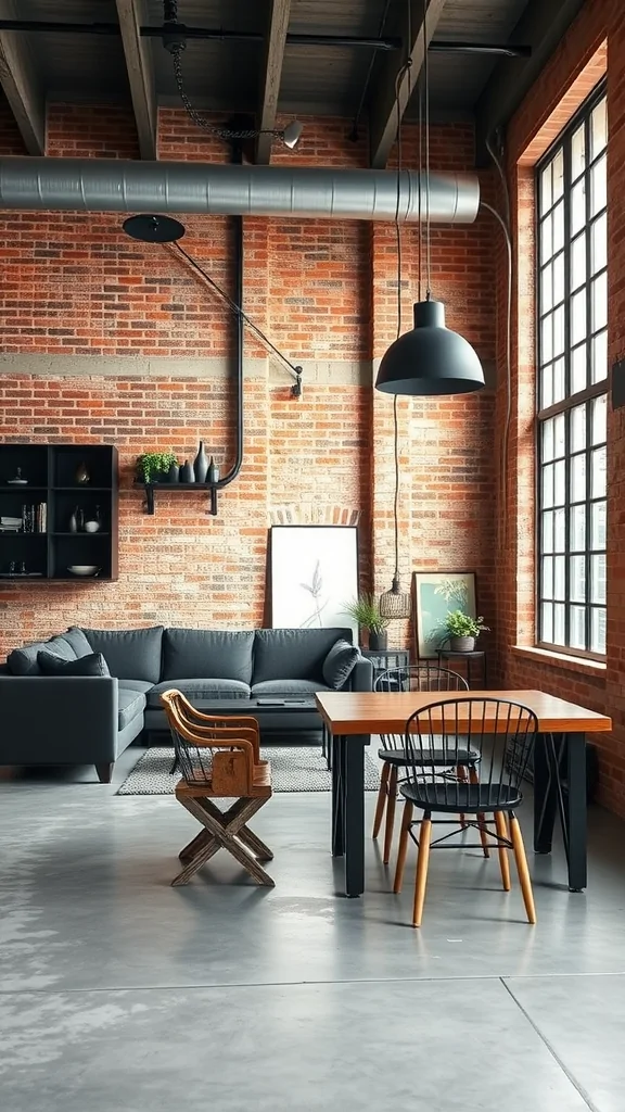 Industrial style living room and dining area featuring exposed brick walls and modern furniture.