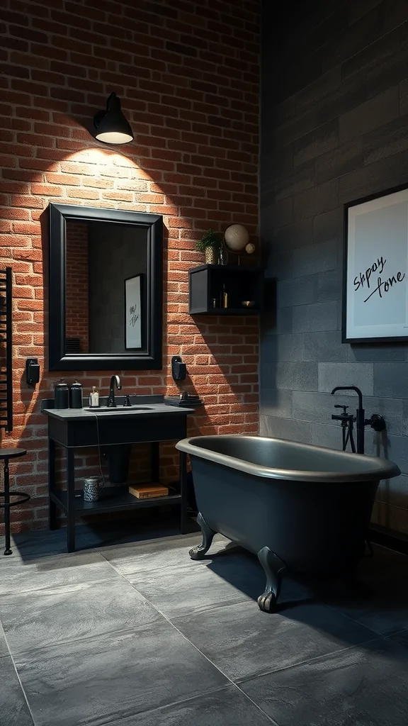 Industrial bathroom with red brick wall, black clawfoot tub, and sleek gray tiles.