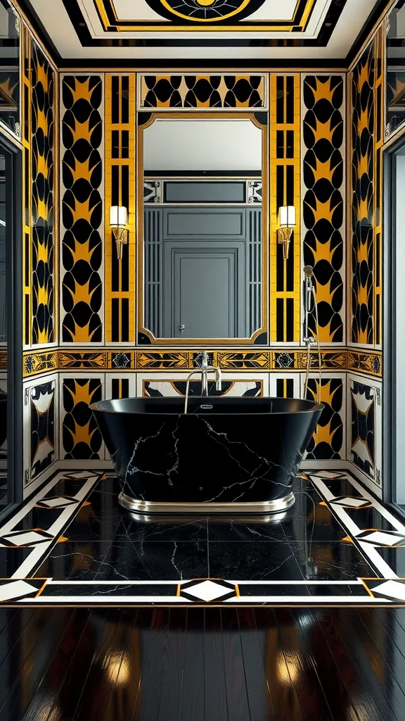 A luxurious Italian Art Deco bathroom featuring black and gold walls, a sleek black bathtub, and intricate geometric patterns.