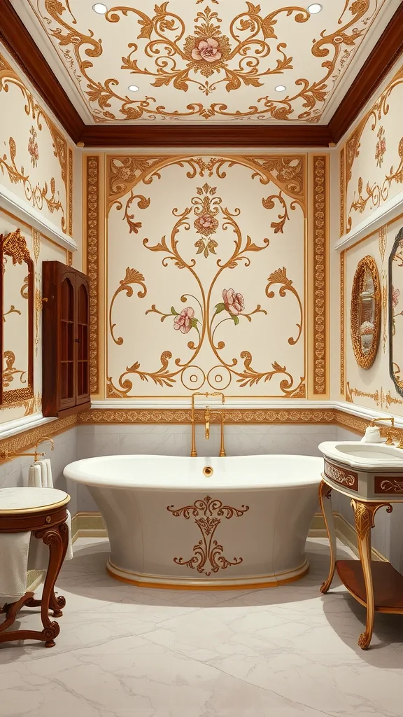 A luxurious Italian Art Nouveau bathroom featuring detailed floral patterns on the walls, a freestanding bathtub, and elegant wooden accents.