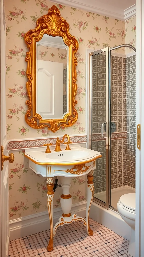 An antique sink with a gold-trimmed mirror in a cozy Italian bathroom