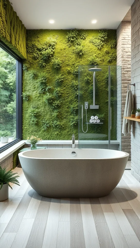 A modern Italian bathroom featuring a moss wall, freestanding tub, and large window.