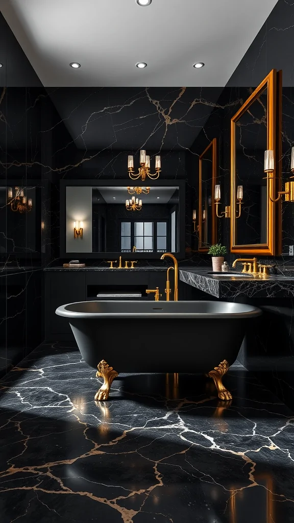 Luxurious Italian bathroom featuring black marble surfaces and gold accents, including a black clawfoot bathtub.