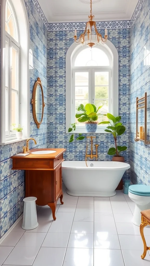 Italian bathroom with blue and white Mediterranean tiles, featuring a freestanding bathtub, wooden vanity, and greenery.