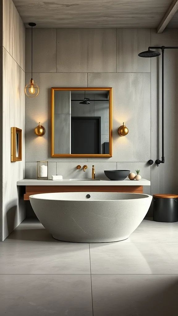 Stylish modern bathroom featuring concrete walls, a round stone bathtub, brass fixtures, and wooden accents.