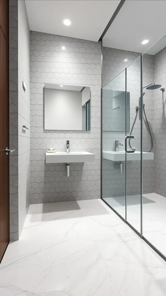 Modern Italian bathroom with floating sink, geometric tiles, and a glass shower enclosure.