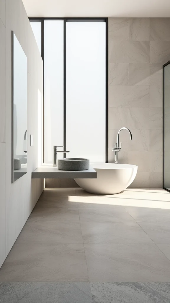 Modern Italian bathroom featuring a floating stone sink and large windows.