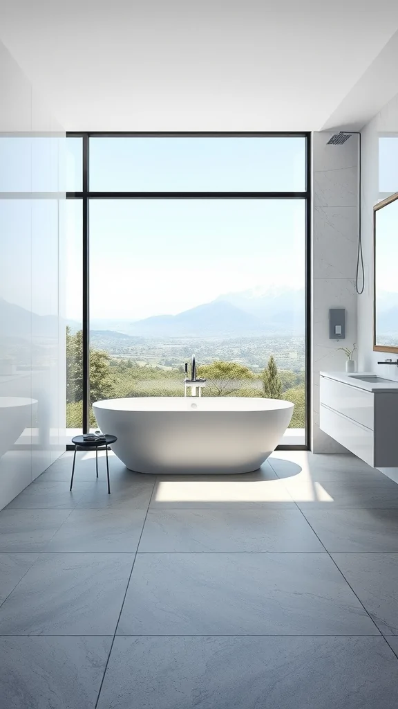 Modern Italian bathroom featuring floor-to-ceiling glass panels and a beautiful view of mountains