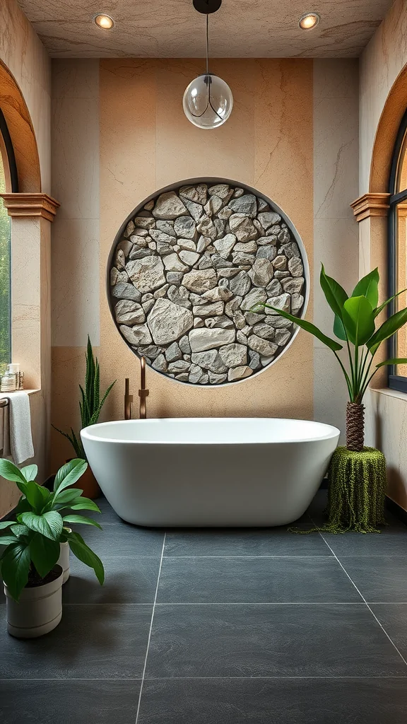 An elegant Italian bathroom with a freestanding bathtub, stone accents on walls, and greenery.