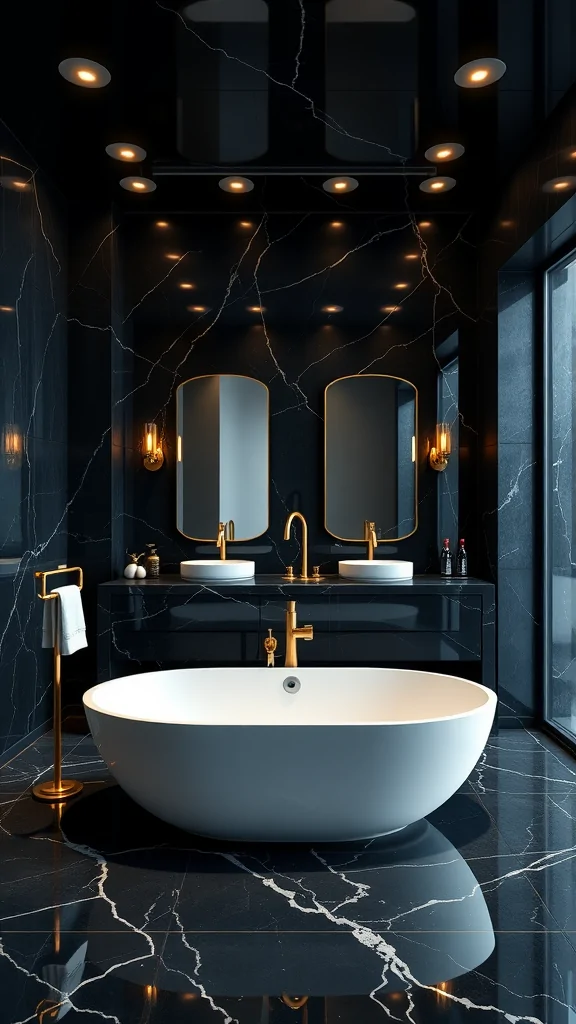 Luxurious black marble bathroom featuring a freestanding tub, gold fixtures, and elegant lighting.