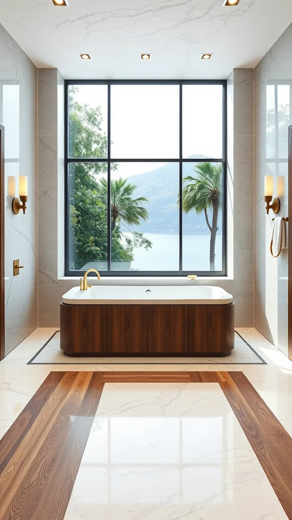 Luxurious Italian bathroom featuring marble walls, wooden accents, and a large window with a scenic view.