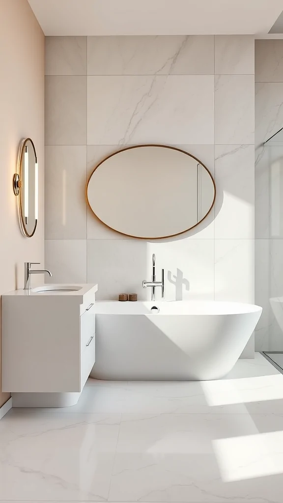 A modern Italian bathroom featuring a luxury white quartz vanity, an oval mirror, and a freestanding bathtub.