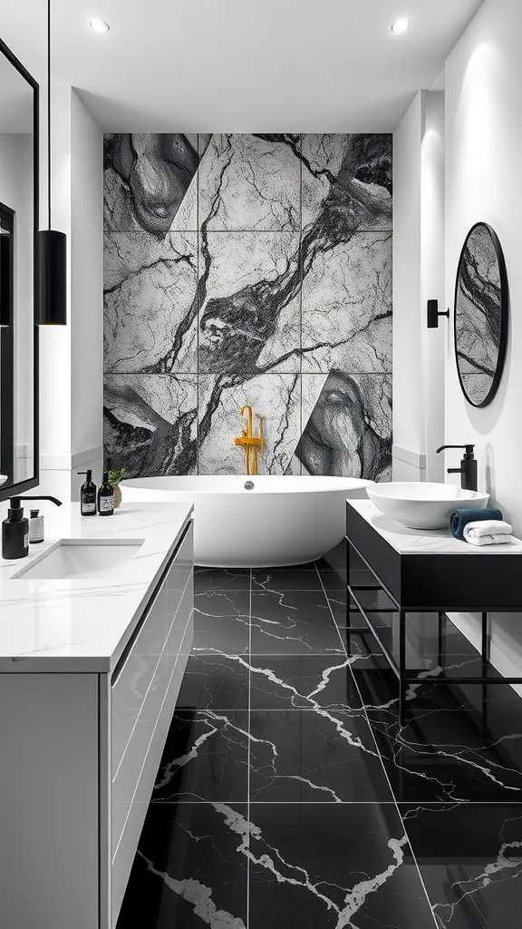 Modern Italian bathroom featuring a black marble accent wall, freestanding bathtub, and gold fixtures.