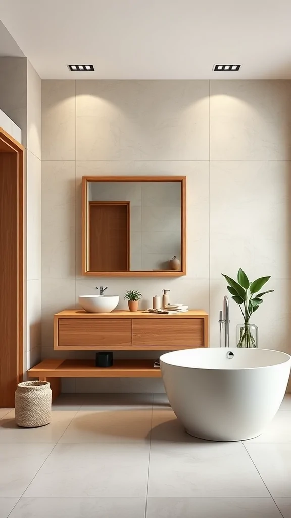 Modern Italian bathroom featuring a natural wood vanity, round sink, and freestanding bathtub.