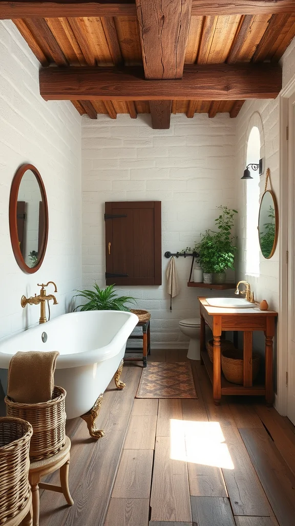 A rustic Italian bathroom featuring a clawfoot bathtub, farmhouse sink, warm wooden beams, and decorative plants.