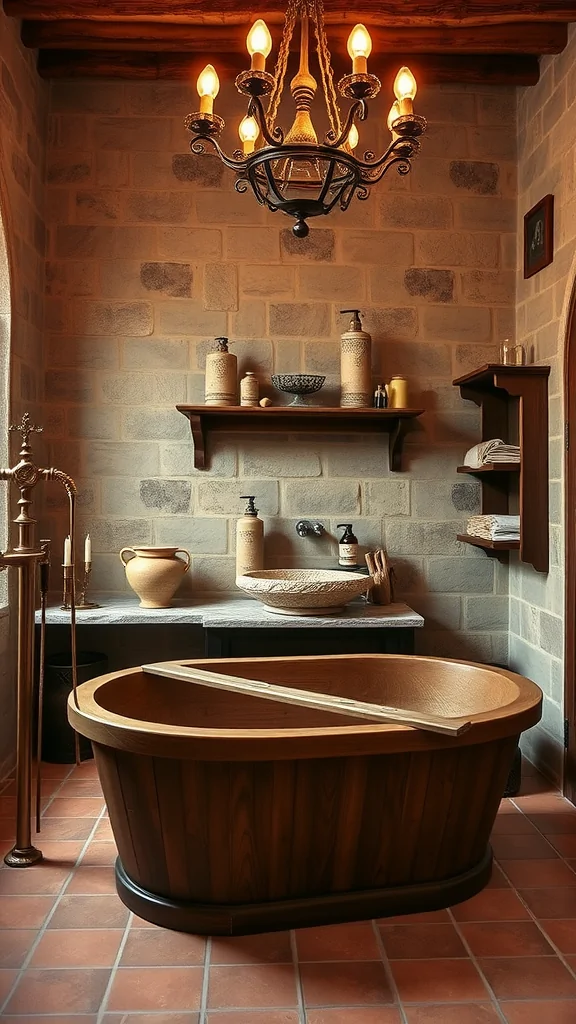 Rustic Italian bathroom featuring a wooden tub, stone walls, and a chandelier