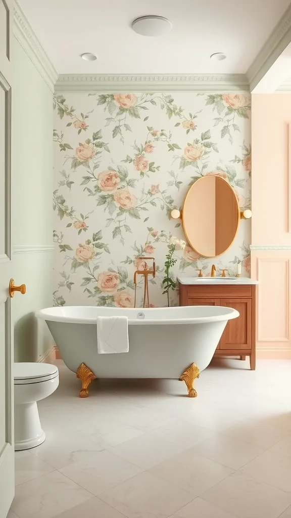 An Italian bathroom featuring soft pastel tones, floral wallpaper, a freestanding bathtub with golden claw feet, and a wooden vanity.