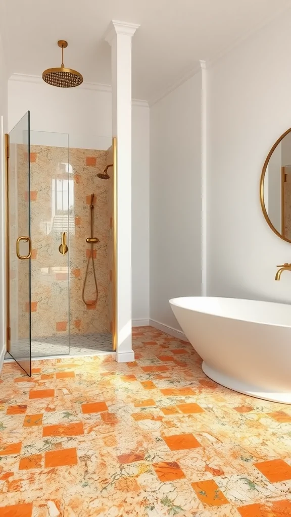 A stylish bathroom featuring vibrant terrazzo flooring with orange and teal patterns, a freestanding tub, and a modern sink.