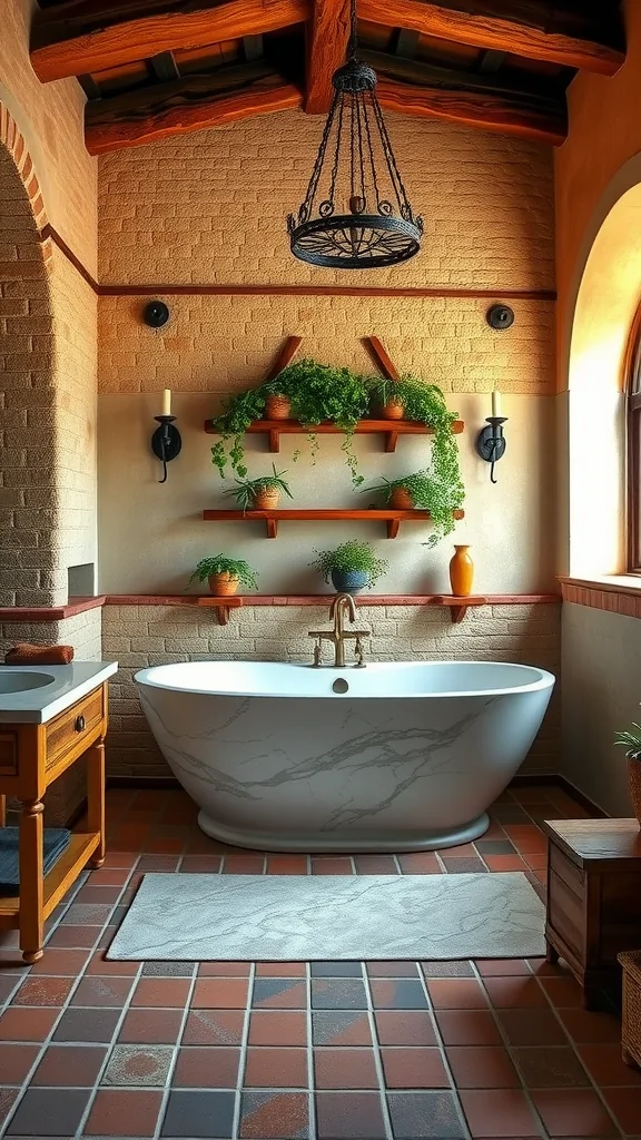 A Tuscan-inspired bathroom featuring a clawfoot tub, terracotta tiles, wooden beams, and greenery.