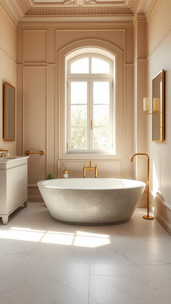 Elegant Italian bathroom featuring Venetian plaster walls, a freestanding tub, and natural light