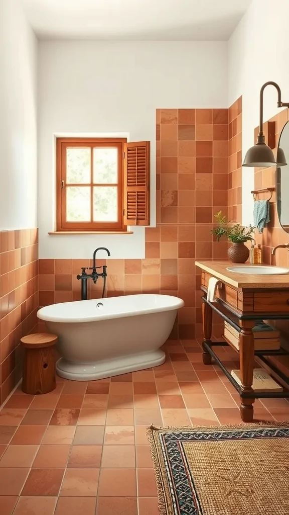 Italian bathroom featuring warm terracotta tiles, a freestanding bathtub, wooden accents, and natural light.