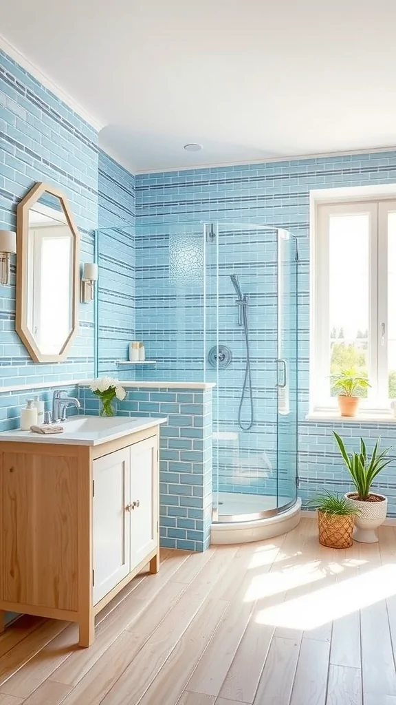 Coastal-inspired Italian bathroom with blue striped walls, wooden vanities, and bright natural light