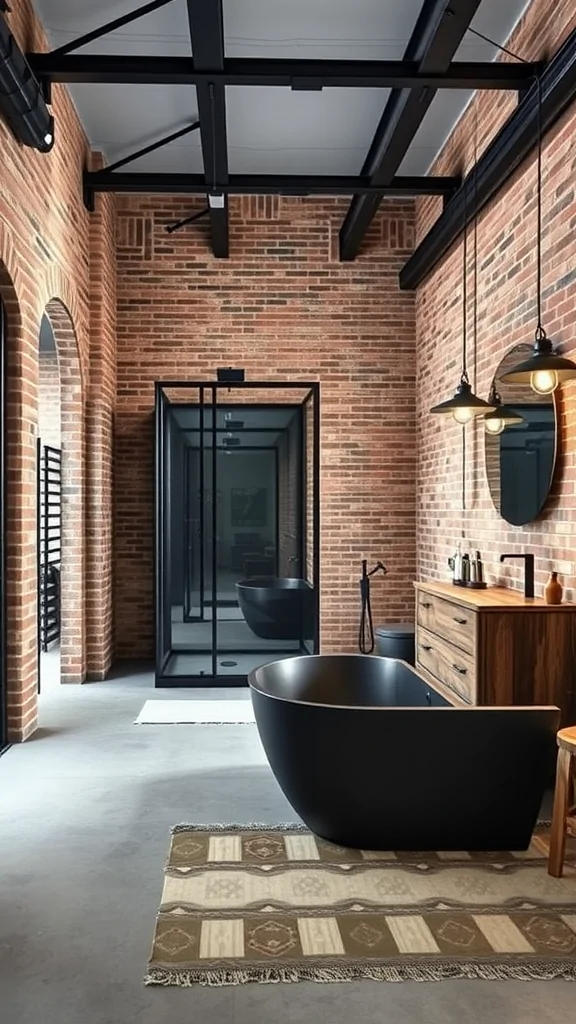 An Italian industrial loft bathroom featuring exposed brick walls, a black bathtub, wooden vanity, and modern lighting.