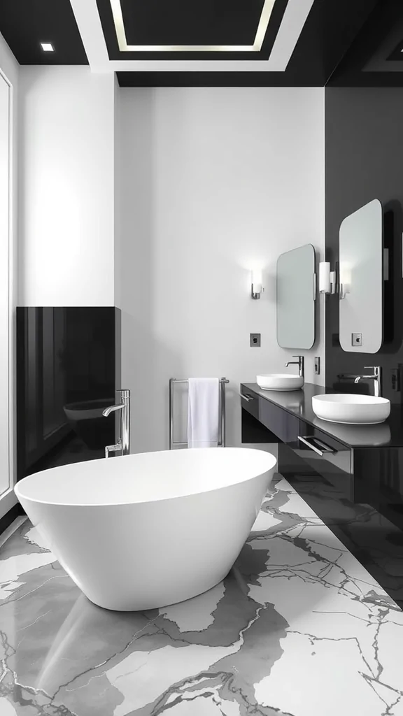 A modern monochrome bathroom featuring a white freestanding bathtub, black walls, and elegant marble flooring.