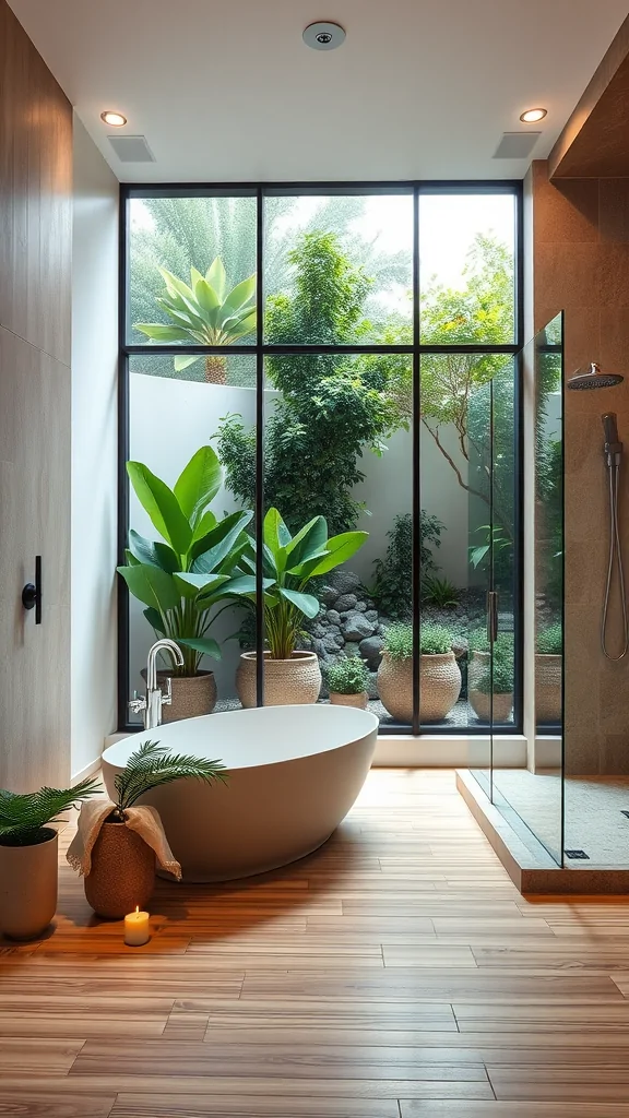 A modern Italian bathroom featuring a freestanding bathtub, indoor garden, and large glass windows.