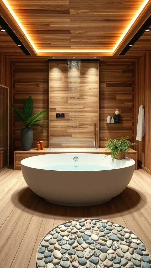 A modern Italian spa bathroom featuring wooden walls, a white oval bathtub, and a pebble rug.