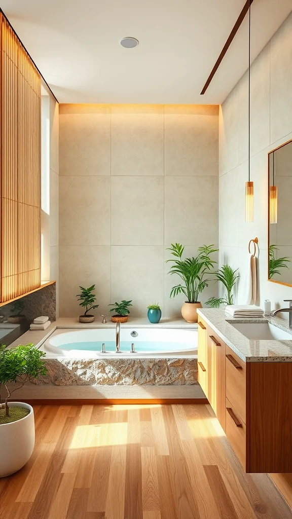 A serene Italian bathroom featuring bamboo elements, a spacious bathtub, wooden cabinetry, and plants for a calming atmosphere.